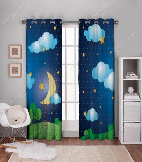 پرده کتان چاپی هازان طرح کودک ماه و ستاره کد K1-334