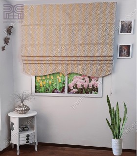 پرده رومن طرح لوزی رنگ خردلی و توسی نقرآبی کد P-613